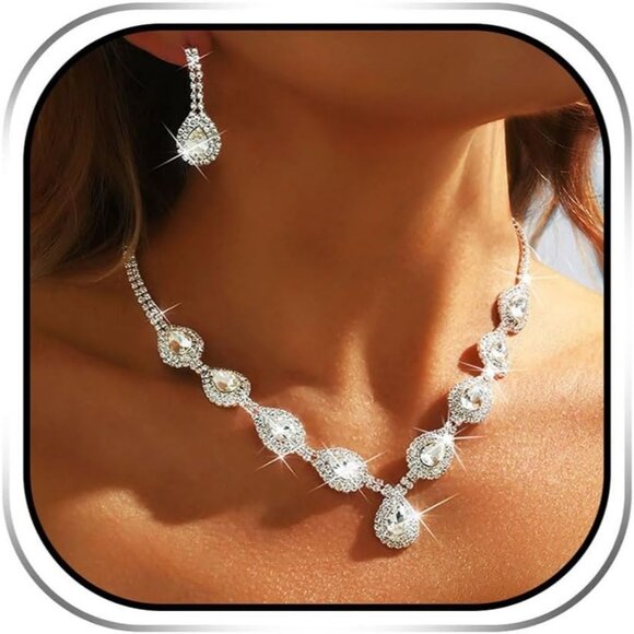 Jewelry - Crystal Bridal Jewelry Set for Women Silver Rhinestone Necklace Earrings Prom